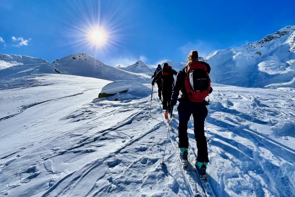 Sonn, skitourengruppe, berge, schnee, windharsch