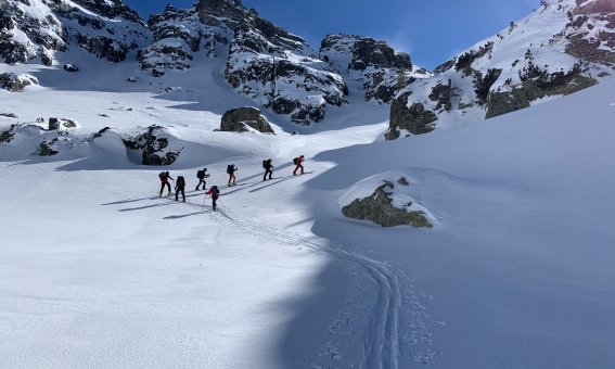 Skitourengruppe im aufstieg, himmel, schnee, sonne, aufstiegsspur