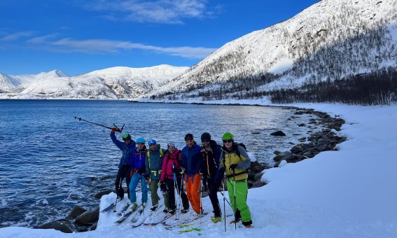 skigruppe, meer, ufer, schnee, berge