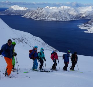 mehrere personen mit ski, Fjord, berge, schnee
