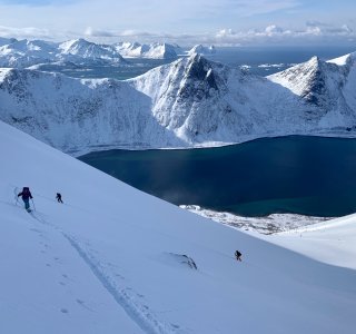 Fjord, 3 skifahrer, berge, aufstiegsspur im schnee