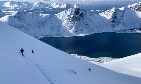 Fjord, 3 skifahrer, berge, aufstiegsspur im schnee