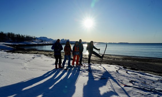Sonne, meer, skifahrer, strand, schnee