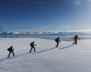 skitourengruppe meer, schnee, insel