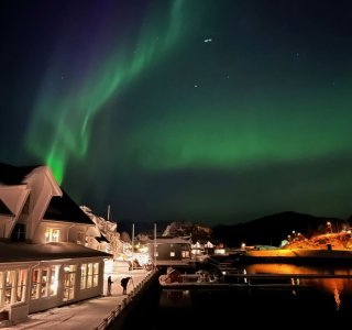 polarlicht, nordlicht, senja, hafen, wasser, häuser