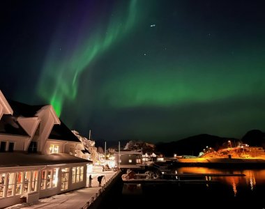 polarlicht, nordlicht, senja, hafen, wasser, häuser