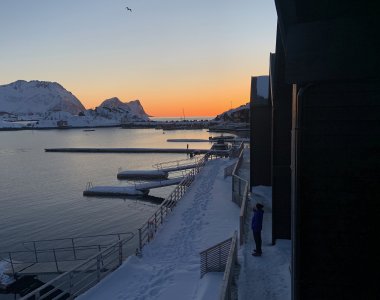 sonnenuntergang, bootssteg, berge, wasser, schnee