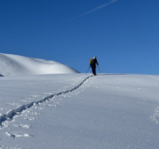 skispur, 1 person, allgäuer alpen, blauer himmel