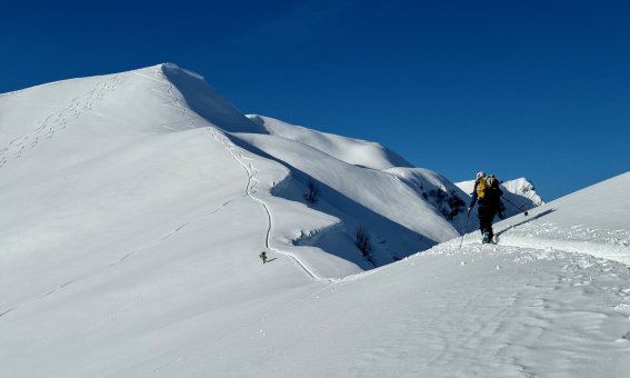 schneegrat, blauerhimmel,skitour, 1 person