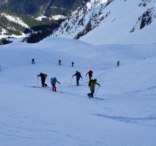 mehrere skitourengeher, aufsiegsspur, steilhang, schnee