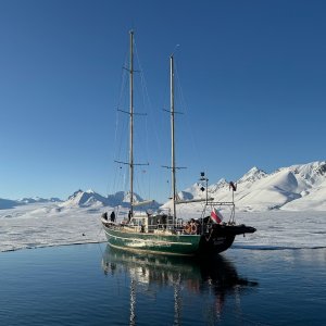 segelschiff, zweimaster auf spiegelglattem wasser, berge, schnee