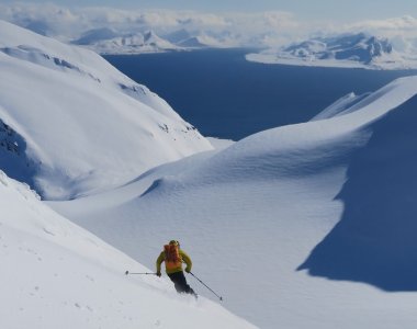 skifahrer in spitzbergen, weisse berge, meer