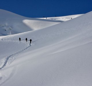3 bergsteiger im aufstieg, schnee, spur, gletscher