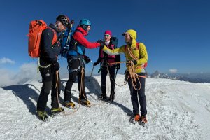 Handschlag am Gipfel, Bergführer mit drei Gästen