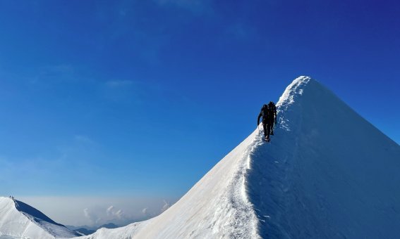 Die letzten Meter am Firngrat zum Gipfel des Castor im Wallis auf der Spaghetti-Runde