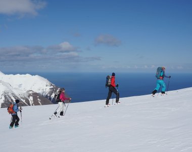 The picture shows four ski tourers ascending Iceland's unique winter landscape. The combination of snow-covered mountains and the sea in the background underlines the extraordinary natural diversity of the island. Iceland is a paradise for ski tours and outdoor adventures, characterized by breathtaking contrasts and untouched wilderness.
Das Bild zeigt vier Skitourengeher beim Aufstieg in Islands einzigartiger Winterlandschaft. Die Kombination aus schneebedeckten Bergen und dem Meer im Hintergrund unterstreicht die außergewöhnliche Naturvielfalt der Insel. Island ist ein Paradies für Skitouren und Outdoor-Abenteuer, geprägt von atemberaubenden Kontrasten und unberührter Wildnis.