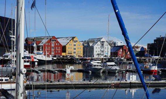 bunte häuserzeile im hafen von tromsø