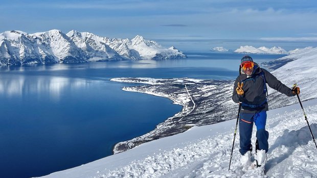 skifahrer, lyngenfjord, victory zeichen