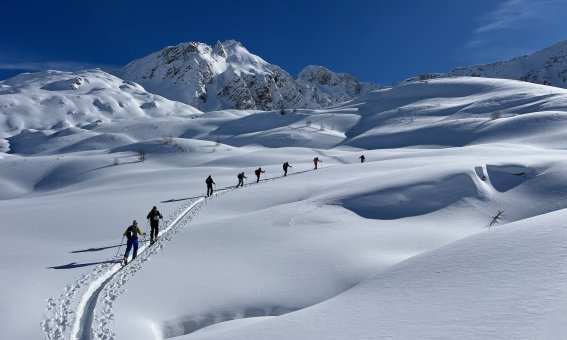 Skitourengruppe unterwegs, val bedretto, tessin, schweiz