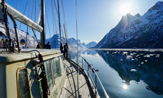 Leute stehen auf einem Boot und schauen auf die Berge. Die Sonne scheint auf das Wasser und die Eisstücke.