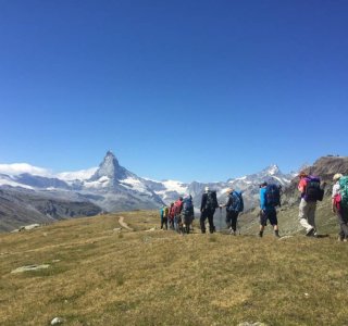 Im Abstieg zur Fluhalphütte mit großartiger Aussicht auf das Matterhorn