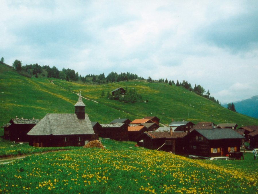 Ein Bergdorf liegt malerisch umgeben von Grün.