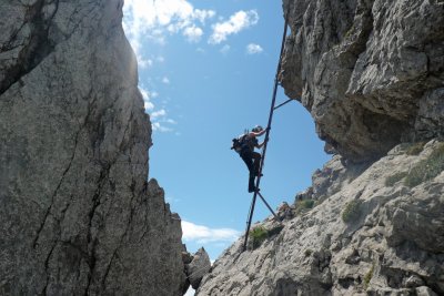 Die lange Leiter im Mittelteil des Hindelanger Klettersteiges