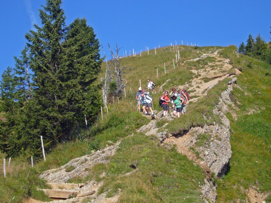 Wandergruppe auf schmalem Gratweg der Nagelfluhkette bei sonnigem Wetter