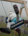 Zwei Kinder schwingen auf einer Schaukel in einem nebligen Park. Es ist eine bewölkte Tageszeit.