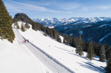 Ein verschneiter Winterwanderweg führt durch die Berglandschaft der Allgäuer Hörnerdörfer.