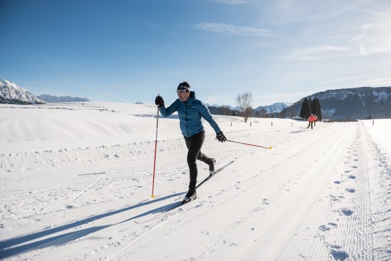 Langläufer auf einer sonnigen Loipe in Bolsterlang. Ein Langläufer gleitet bei sonnigem Winterwetter über eine präparierte Loipe in Bolsterlang.