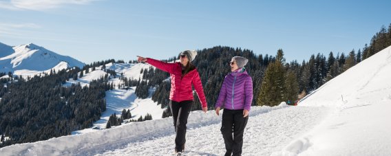 Zwei Frauen wandern bei Sonnenschein auf dem verschneiten Höhenpanoramaweg.