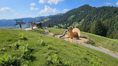 Der Abenteuerspielplatz der Erlebniswelt Raufußhuhn aus Holz direkt neben der Bergstation am Riedbergerhorn