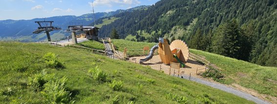 Der Abenteuerspielplatz der Erlebniswelt Raufußhuhn aus Holz direkt neben der Bergstation am Riedbergerhorn