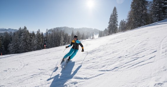 Sonnige Winterlandschaft auf den Pisten von Balderschwang. Die verschneite Skipiste liegt unter strahlender Wintersonne. Bäume, Berge und frischer Schnee schaffen eine klare, ruhige Winterstimmung.