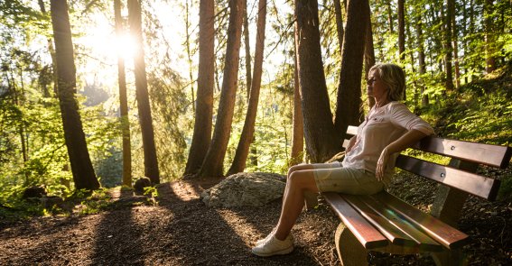 Eine Besucherin sitzt im warmen Sonnenlicht auf einer Bank im Wald. Der ruhige Platz an der Iller bietet Raum für eine bewusste Pause in der Natur.