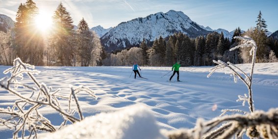 Langlaufen mit wunderschönem Alpenpanorama Das Alpenpanorama beim Langlaufen im Allgäu genießen. Dank der wunderschönen Winterlandschaft gilt das Allgäu als das beliebteste Wintersportgebiet.