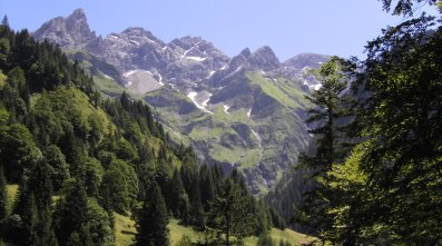 Blick auf Hochfrottspitze, Mädelegabel, Trettachspitze