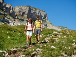 Ein Paar wandert an einem sonnigen Tag auf einem Bergweg. Die Landschaft ist grün und majestätisch.