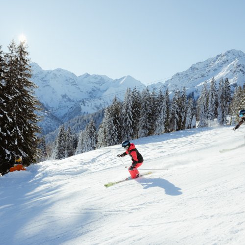 Zwei Skifahrer fahren rasch den schneebedeckten Hang hinunter. Die winterliche Alpenlandschaft strahlt in der Sonne.