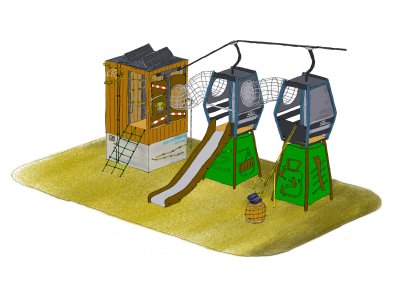 Neue Spielgeräte auf dem Spielplatz im Park Kinder spielen mit neuen Geräten im Park. Zwei Rutschen und eine Kletterstruktur stehen bereit.