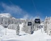 Die Seilbahn bringt Gäste über verschneite Hänge und Nadelbäume in einem schönen Berggebiet am Tag.