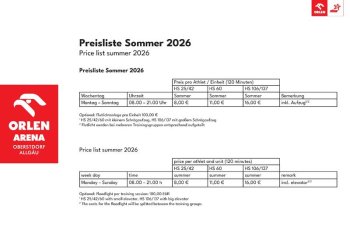 Preisliste Training Sommer 2026