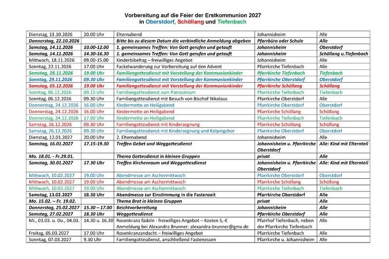 Terminplan Erstkommunion 2027