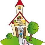 Familie auf die Kirche zu