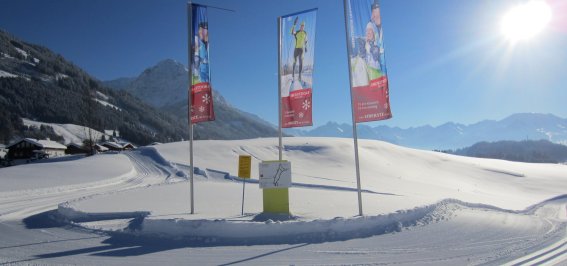 der Loipeneinstieg direkt am Haus