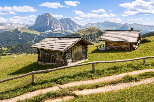 Shot-two-wooden-cabins-meadow-with-mountains-background