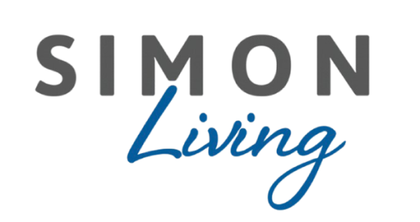 Simon Living Logo auf weißem Hintergrund Ein modernes Logo von Simon Living in Grautönen und Blau zeigt klare Schriftzüge ohne Verzierungen.