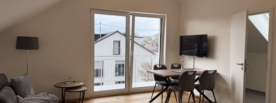 Ein heller Raum mit einem Sofa, einem Tisch und einem Fernseher. Das Fenster zeigt eine Außenansicht des Gartens.