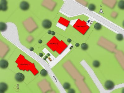Übersicht des Bereichs mit verschiedenen Häusern, Straßen und Grünflächen in einer ruhigen, ländlichen Nachbarschaft.
